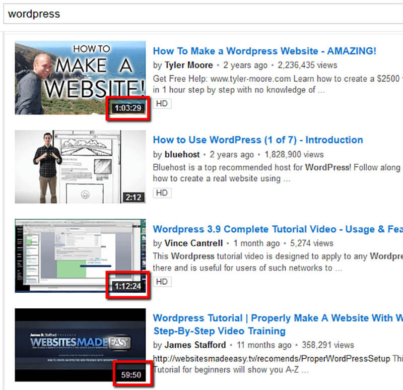 tìm kiếm từ khóa "WordPress" trong YouTube